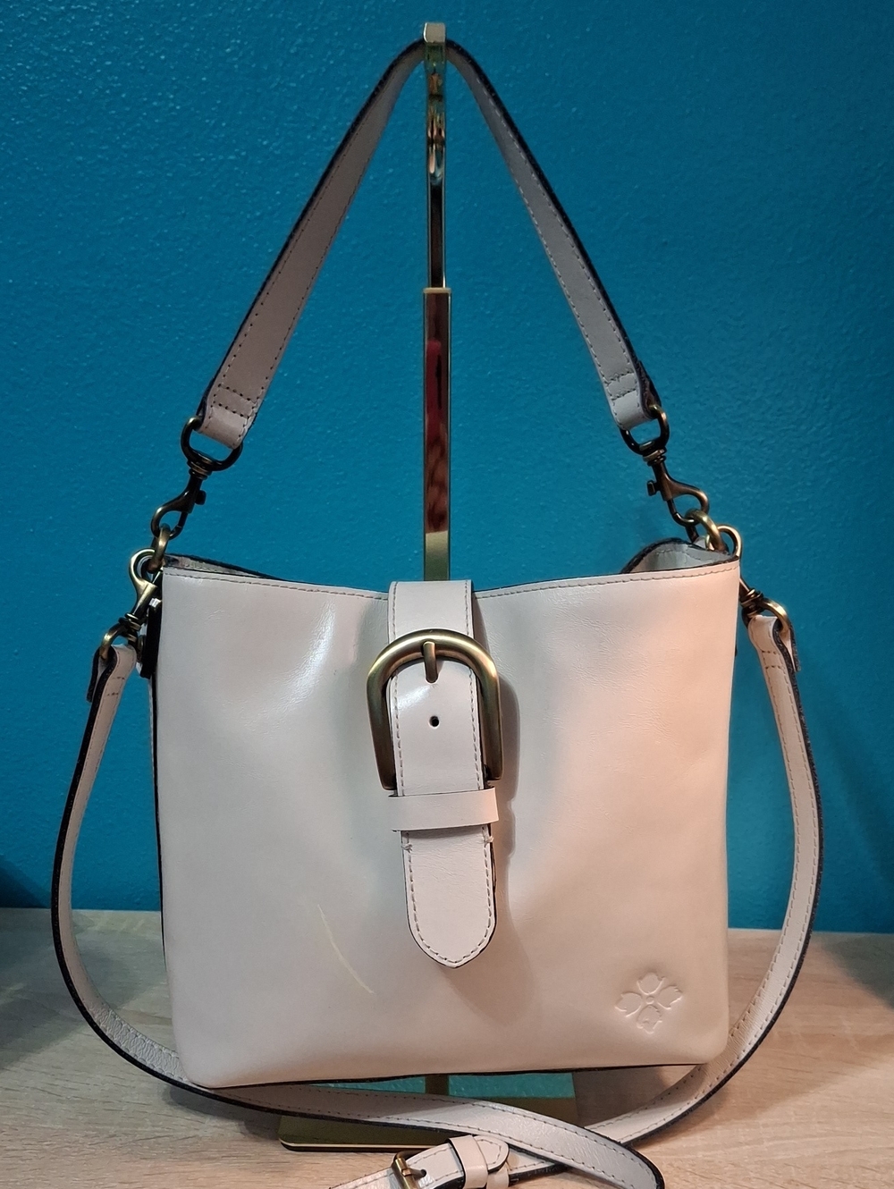 Patricia Nash Irving Bucket Cream Leather Buckle Shoulder/Crossbody Bag